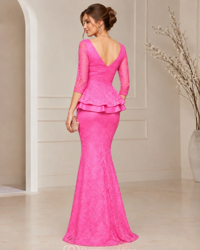 Scoop Neck 3-4 Sleeve Mermaid Lace Gown With Slit And Peplum view 2