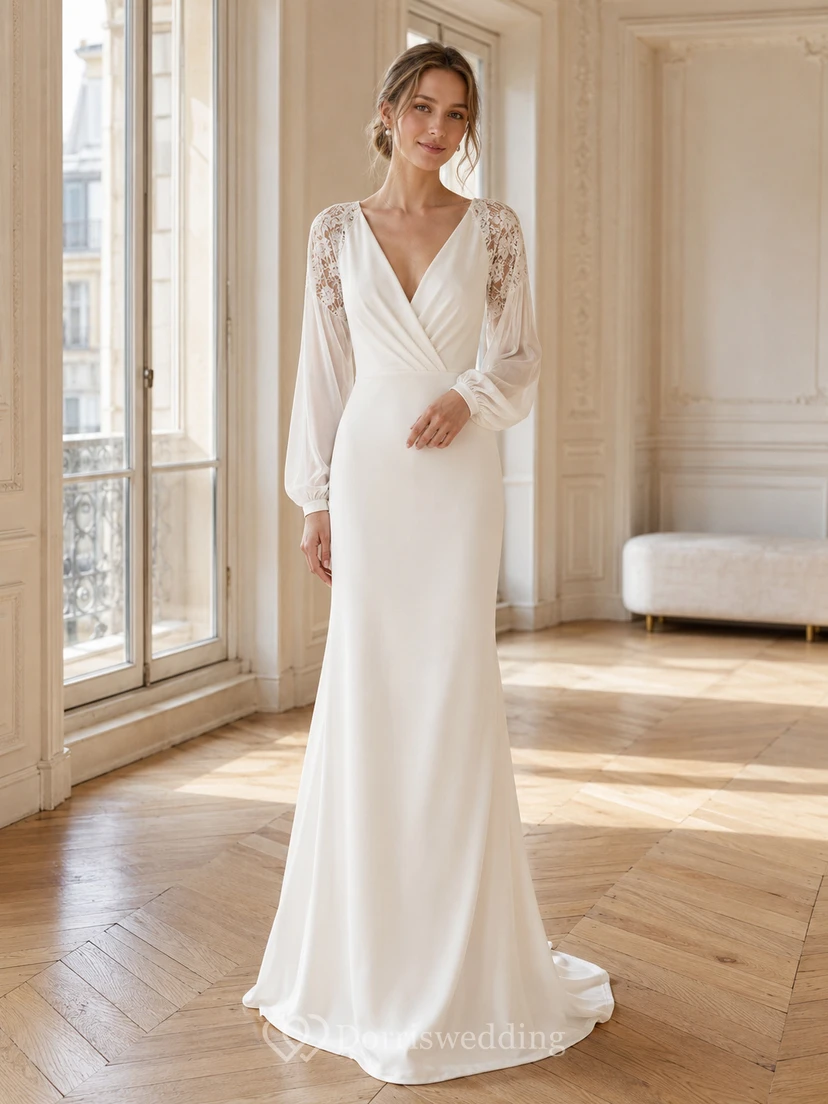 Refined Chiffon Lace Deep V Bishop Sleeve Sheath Sweep Train Floral Sleeves Evening Wedding Dress