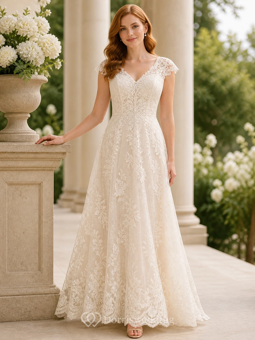 Vestido de novia sencillo y modesto de talla grande con mangas cortas de encaje festoneado y corte en A