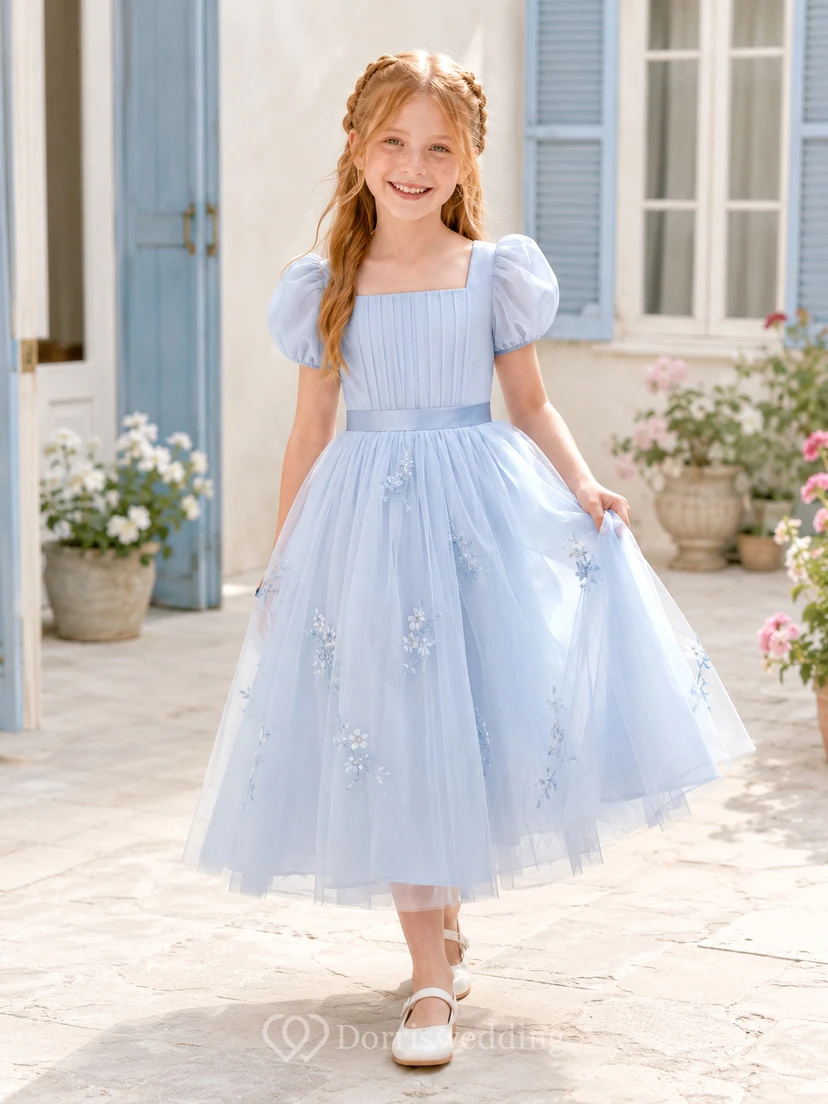 Vestido de niña de las flores azul cielo, encaje, tul, corte en A, cuello joya, largo hasta la rodilla