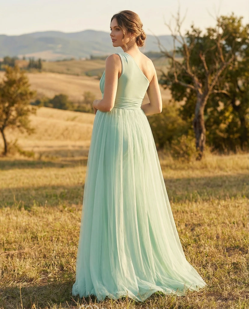 Mint Green One-Shoulder Maternity Formal Dress with Pleated Bodice & Chiffon Overlay view 2