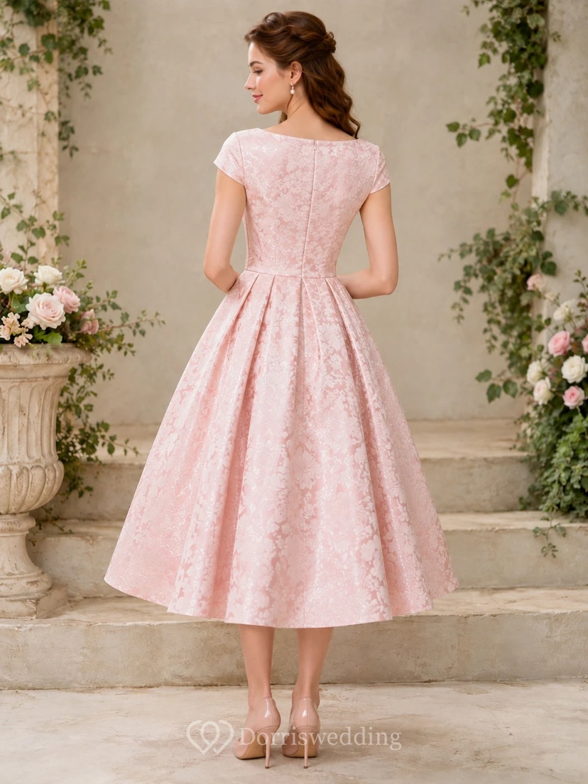 Pink Textured Short-Sleeve Square-Neck A-Line Tea-Length Vintage Dress view 2