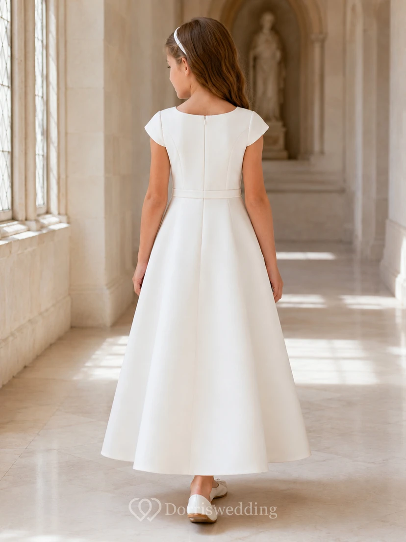 Satin-Abendkleid mit kurzen Ärmeln, knöchellang, für Blumenmädchen, Kommunionkleid view 2