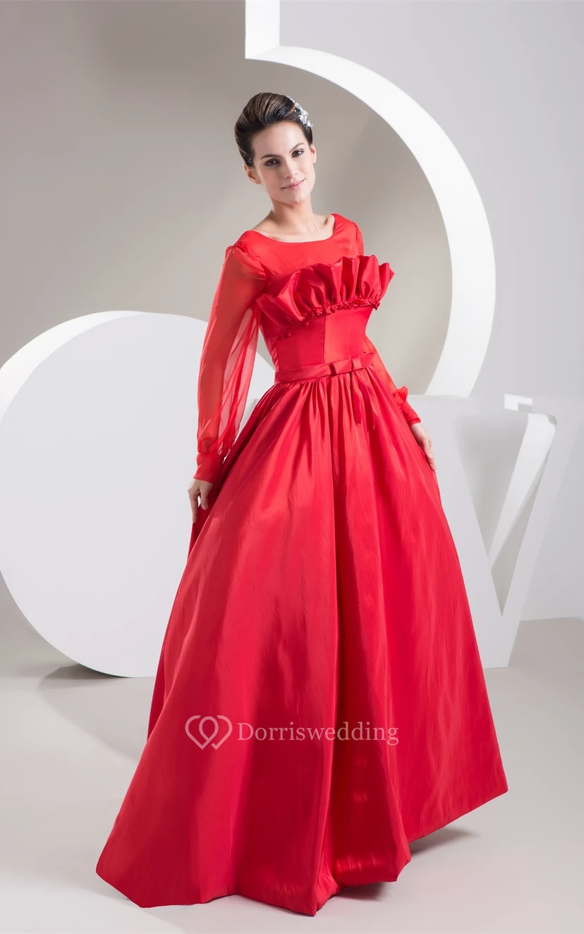 Long-Sleeve A-Line Maxi Pleats and Gown With Bow view 3