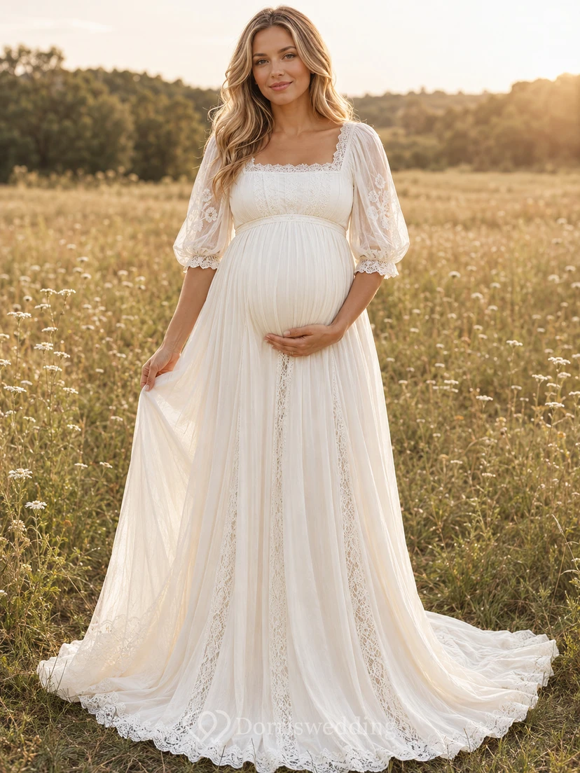 Maternity Wedding Dress Square Neck Puff Sleeve Lace A-Line Gown with Sweep Train
