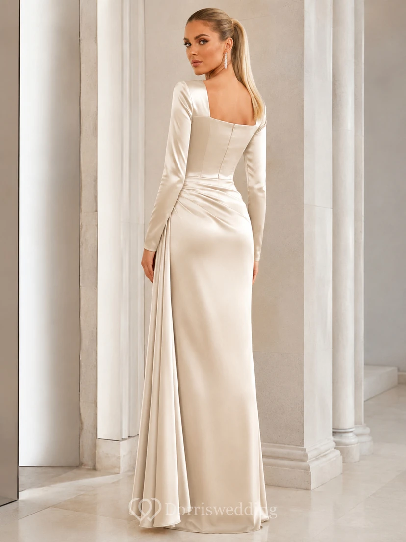 Modernes champagnerfarbenes, elegantes Etuikleid aus Satin mit eckigem Ausschnitt und langen Ärmeln view 2