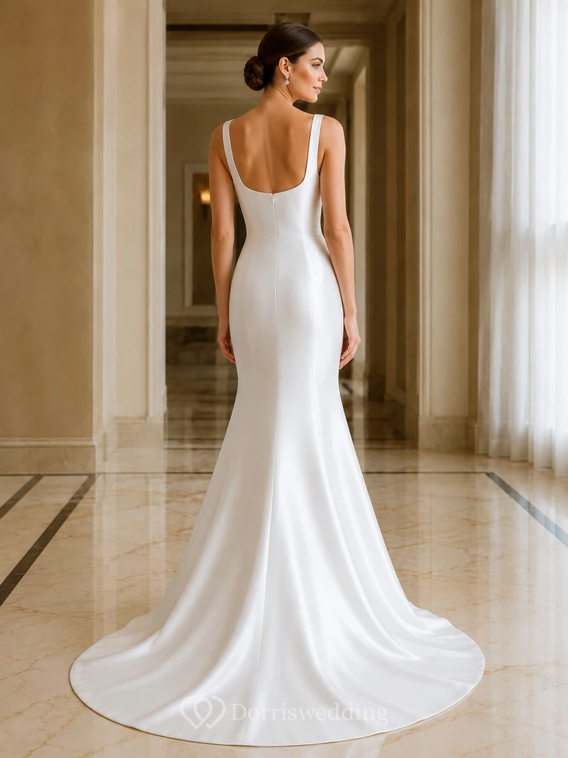 Minimalist Square Neck Sleeveless Satin Mermaid Court Train Modern Wedding Dress view 2