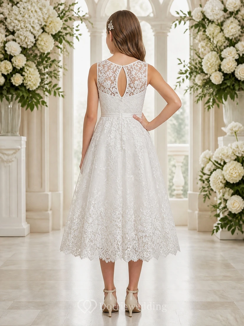 Romantic Flower Girl Tea-length A-Line Bateau Sleeveless Lace Dress view 2