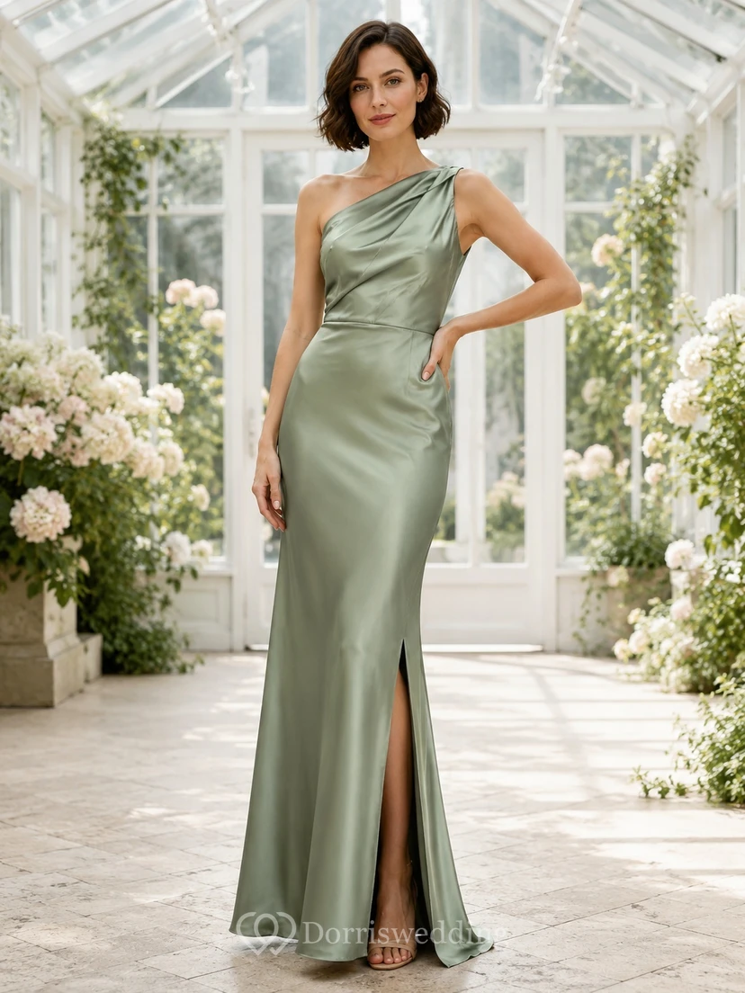 Robe élégante fendue sur une épaule en satin sauge, robe fourreau sans manches à une épaule, longueur au sol