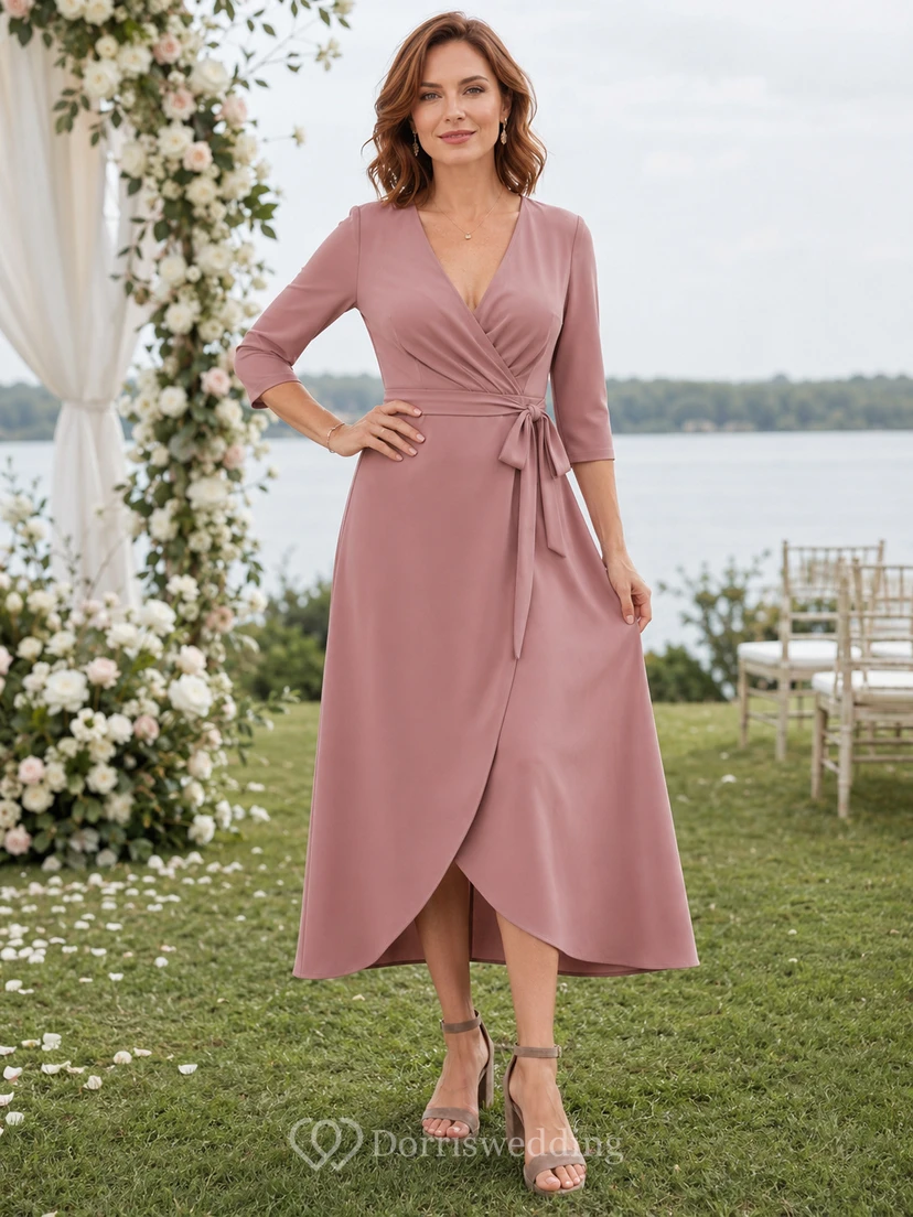 Altrosafarbenes Wickelkleid mit Dreiviertelärmeln, Midi-Länge, Gästekleid