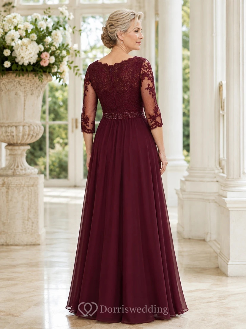 Burgundy Modest Scoop-Neck Lace Chiffon A-Line Floor-Length Mother of the Bride Gown with Three-Quarter Sleeves view 2
