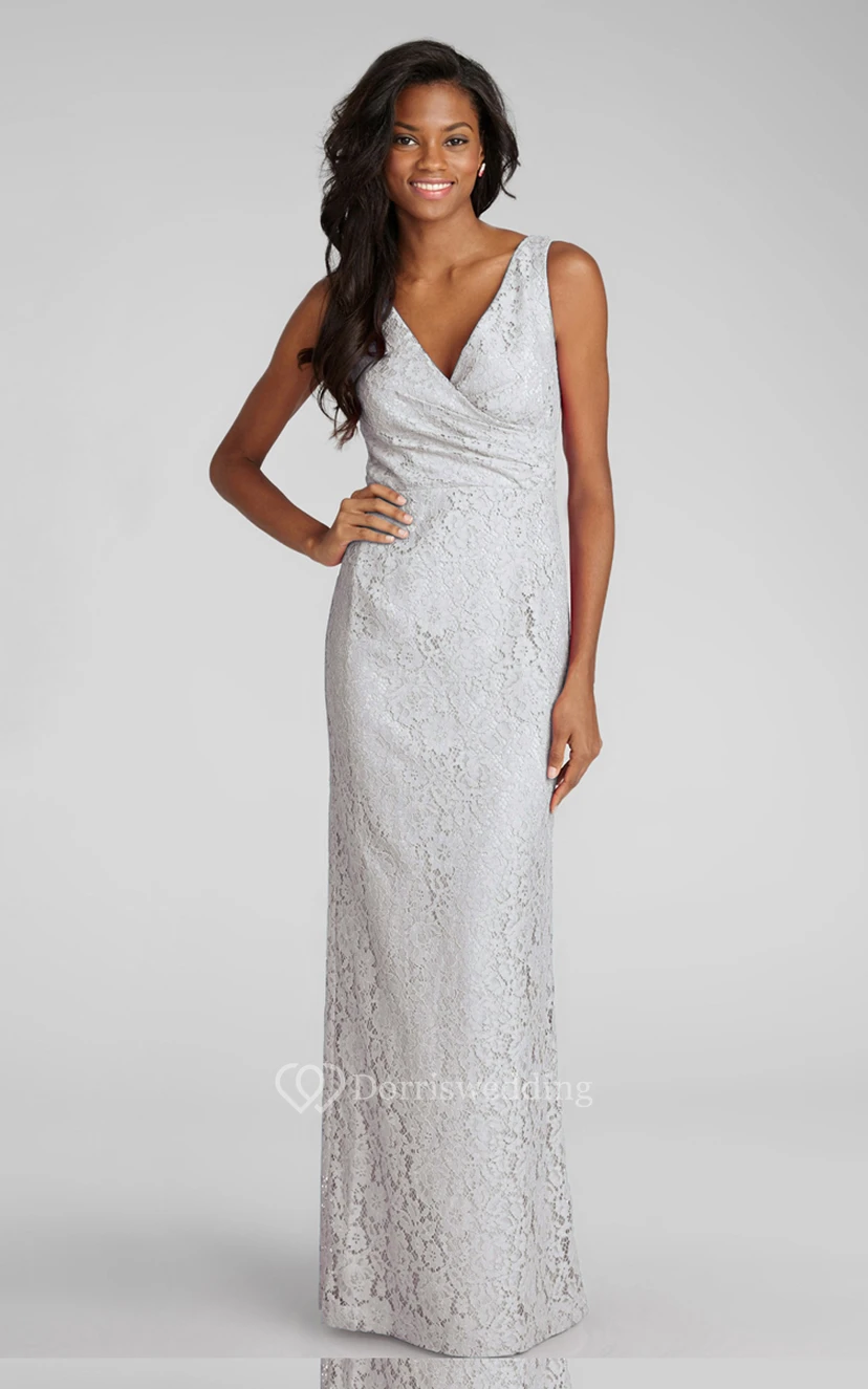 Impressive Sheath Floor-length Lace Dress with V-neck and Criss Crossed Ruching  view 10