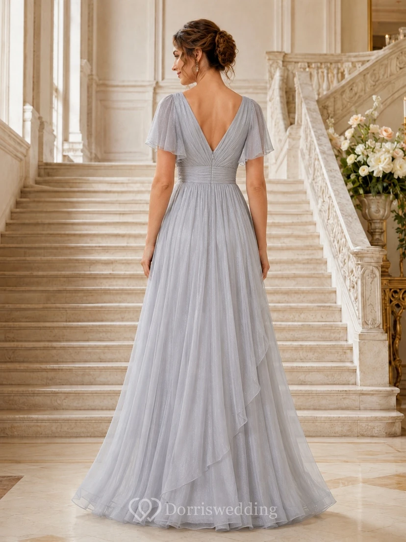 Steel Grey V-Neck Short Sleeve Chiffon A-Line Floor-Length Bridesmaid Dress view 2