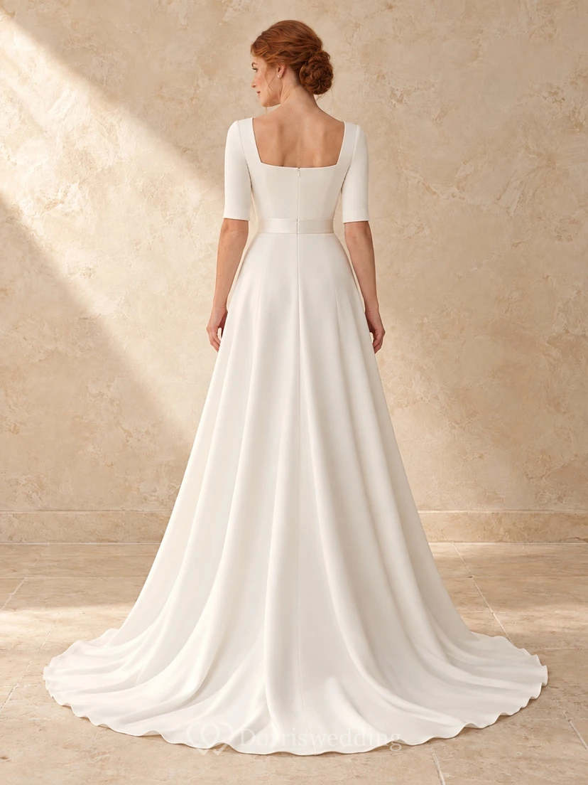 Simple Square Neck Half Sleeve A-Line Bridal Wedding Dress view 2