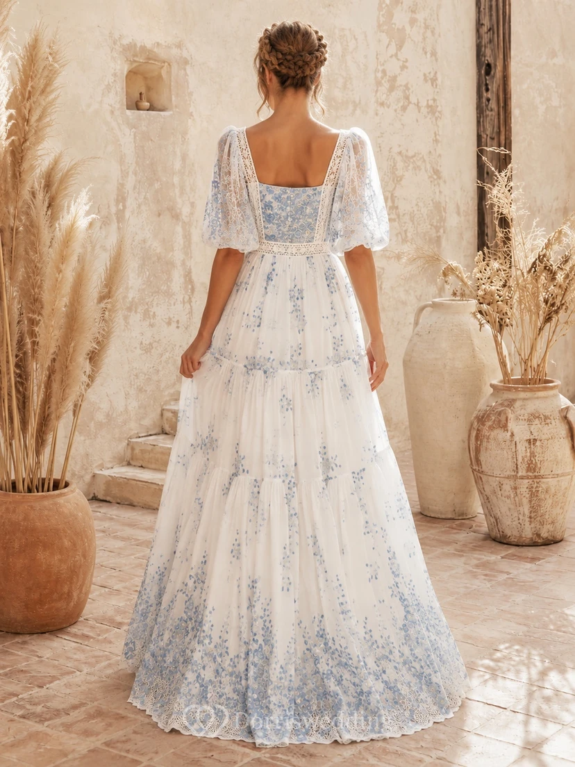 Staubblaues, böhmisches Brautkleid mit eckigem Ausschnitt, kurzen Ärmeln, A-Linie und bodenlangem Schnitt, bedruckt view 2