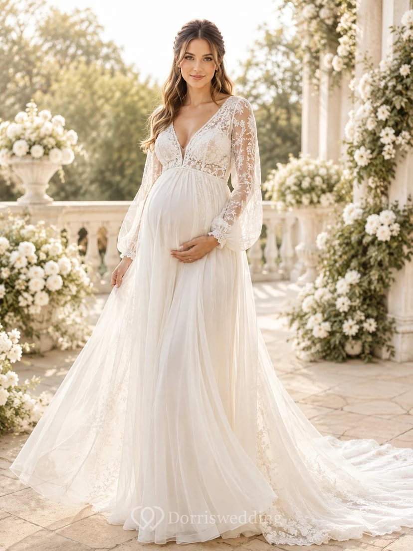 Vestido de novia premamá modesto de manga larga con encaje y escote en V