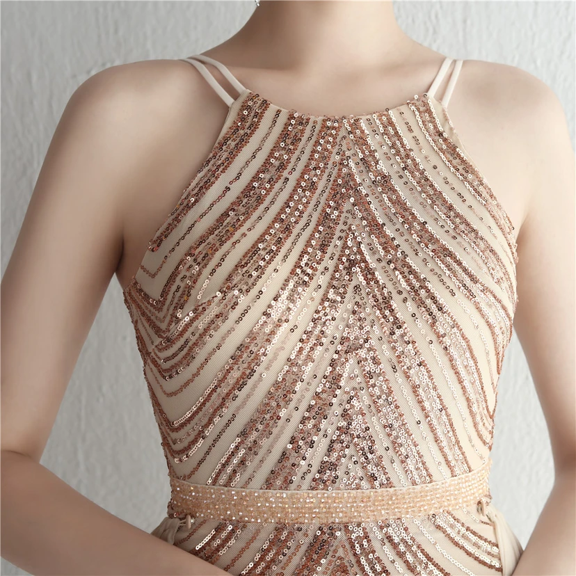Paillettenbesetzter Chiffonrock mit Blumenmuster, handgefertigt mit Perlen und Neckholder-Ausschnitt, elegant und kühl, perfekt für festliche Anlässe. view 42