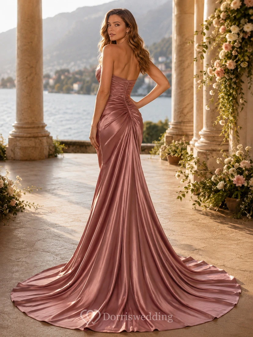 Dusty Rose Strapless Cowl Draped Satin Mermaid Cathedral Wedding Gown view 2