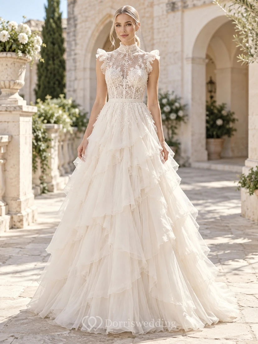 Hochgeschlossenes, ärmelloses Brautkleid aus gestufter Spitze mit Rüschen im Taschentuch-Stil