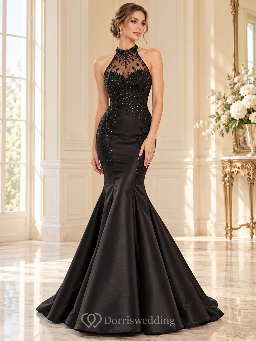 Robe de soirée sirène noire à col montant et perles en satin illusion
