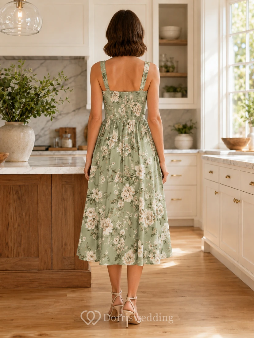 Sage Floral Square Strap A Line Warm Home Midi Dress view 2