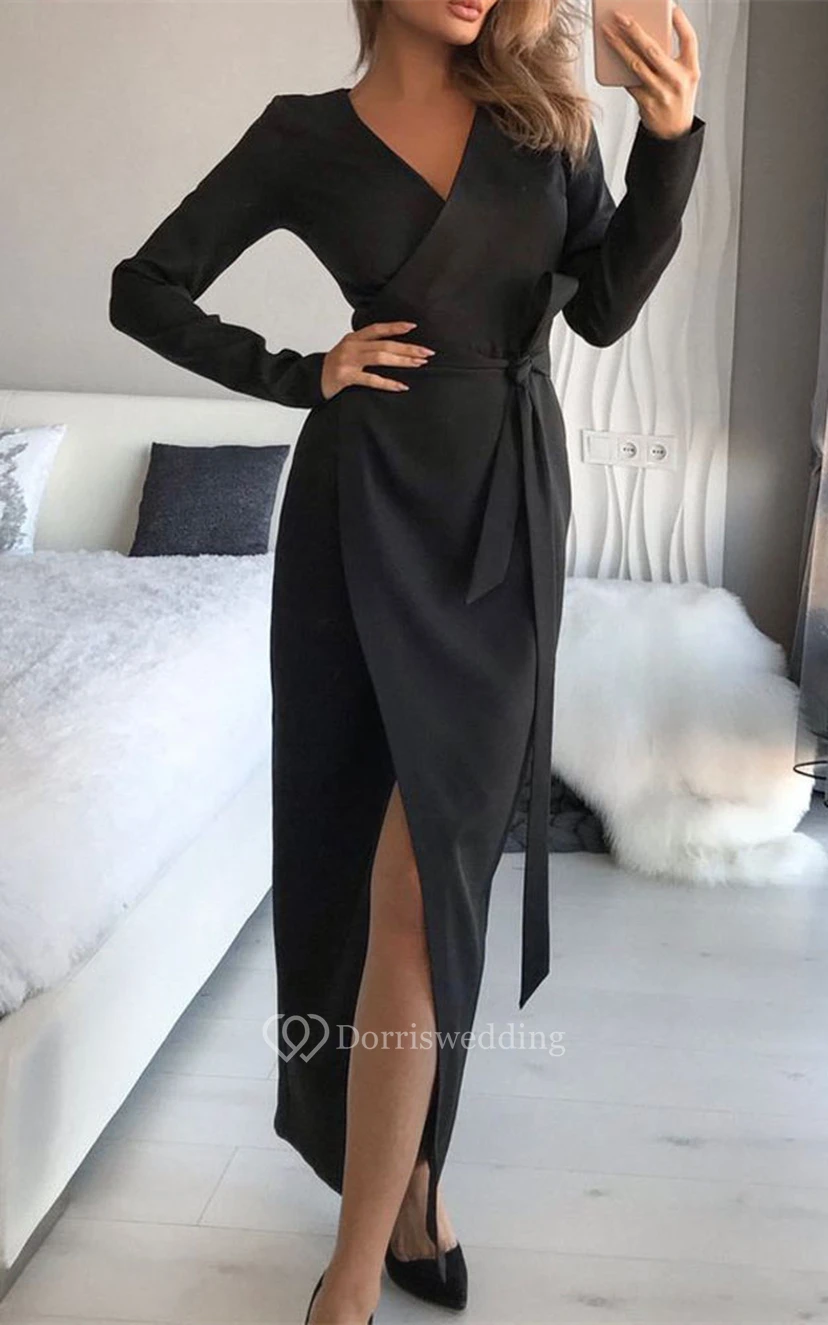 Ankle-length Satin Sheath V-neck Prom Dress with Sash