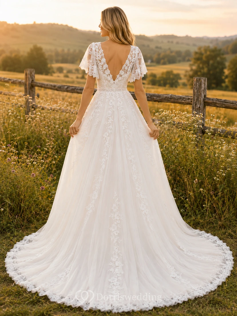 Vestido de novia de tul y encaje campestre, corte en A, hombros descubiertos, manga corta, cola de capilla, espalda baja en V. view 2