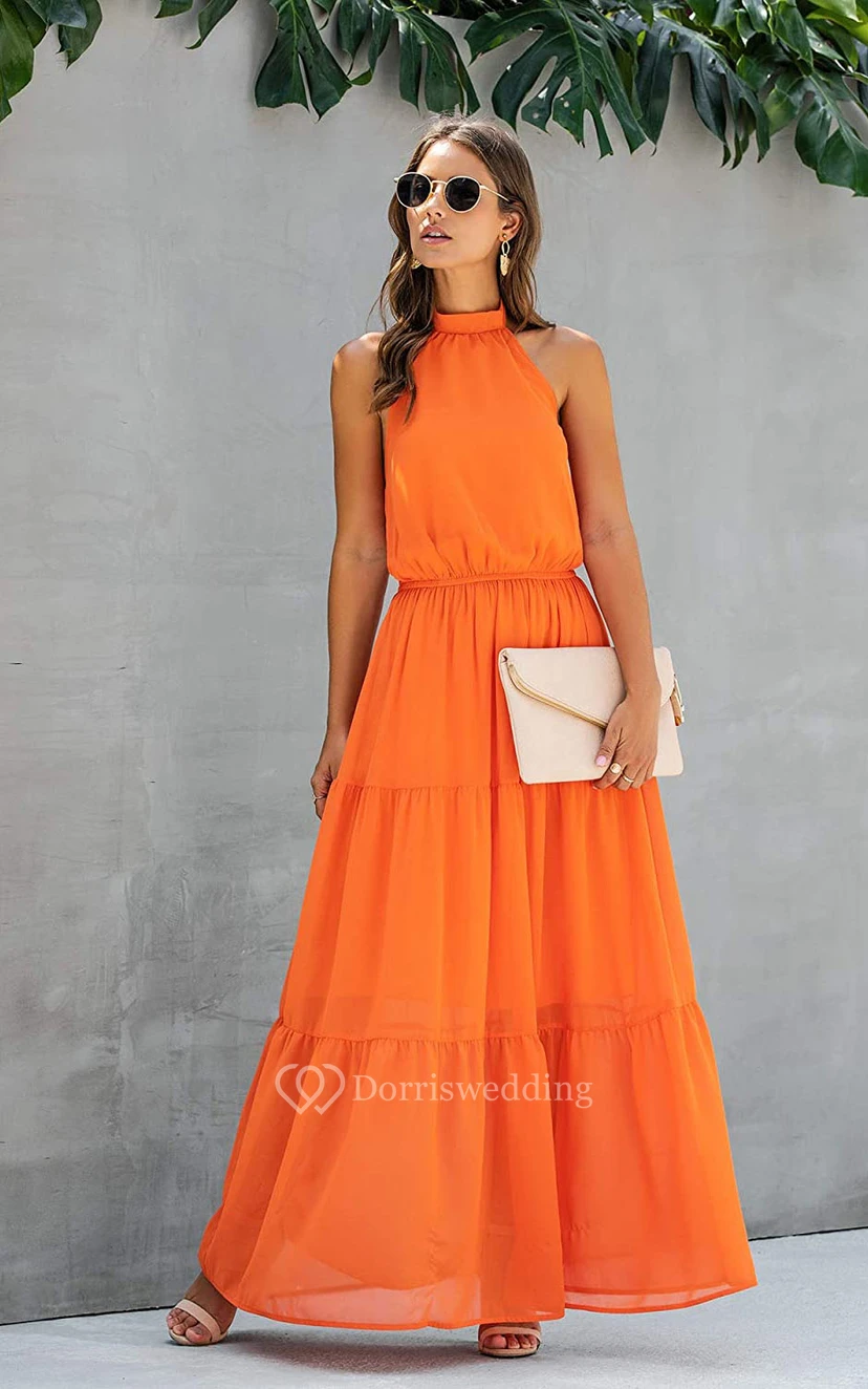 Simple Chiffon Halter A Line Sleeveless Prom Formal Dress With Ruffles view 6