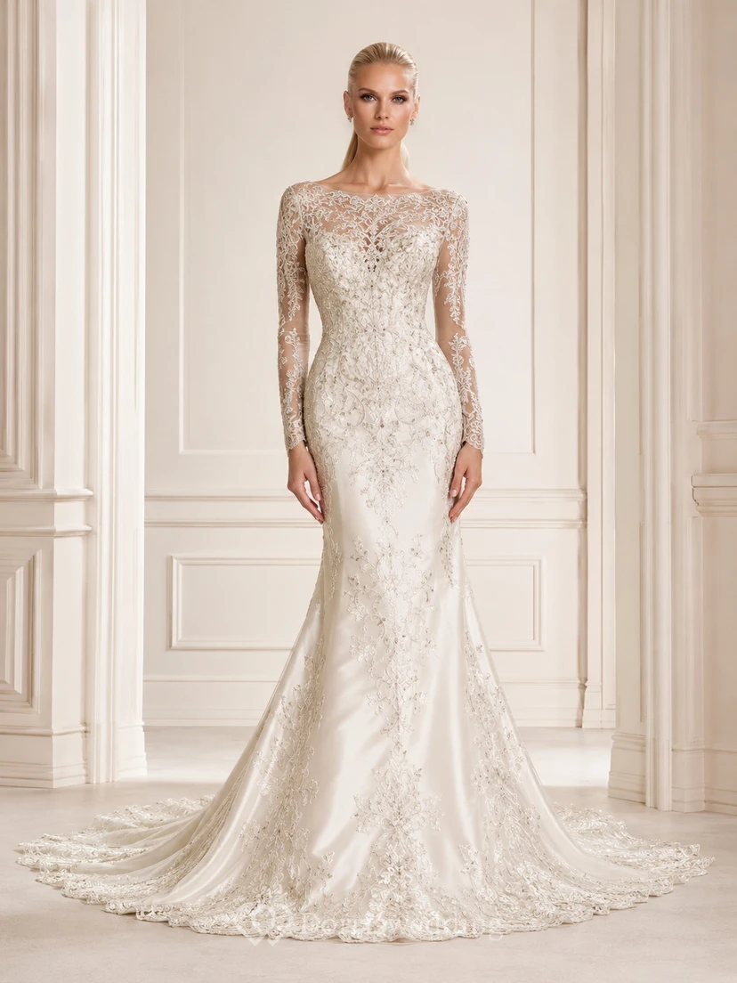 Romantisches, bodenlanges Brautkleid aus Spitze mit U-Boot-Ausschnitt, Meerjungfrauen-Schnitt, Kapellenapplikationen und elegantem Knopfverschluss am Rücken