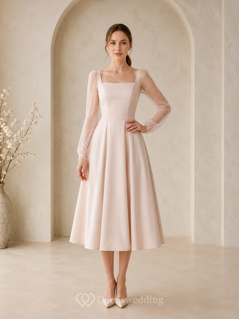 Vestido de novia modesto de satén color rosa empolvado, largo hasta la rodilla, escote cuadrado, mangas largas con efecto ilusión