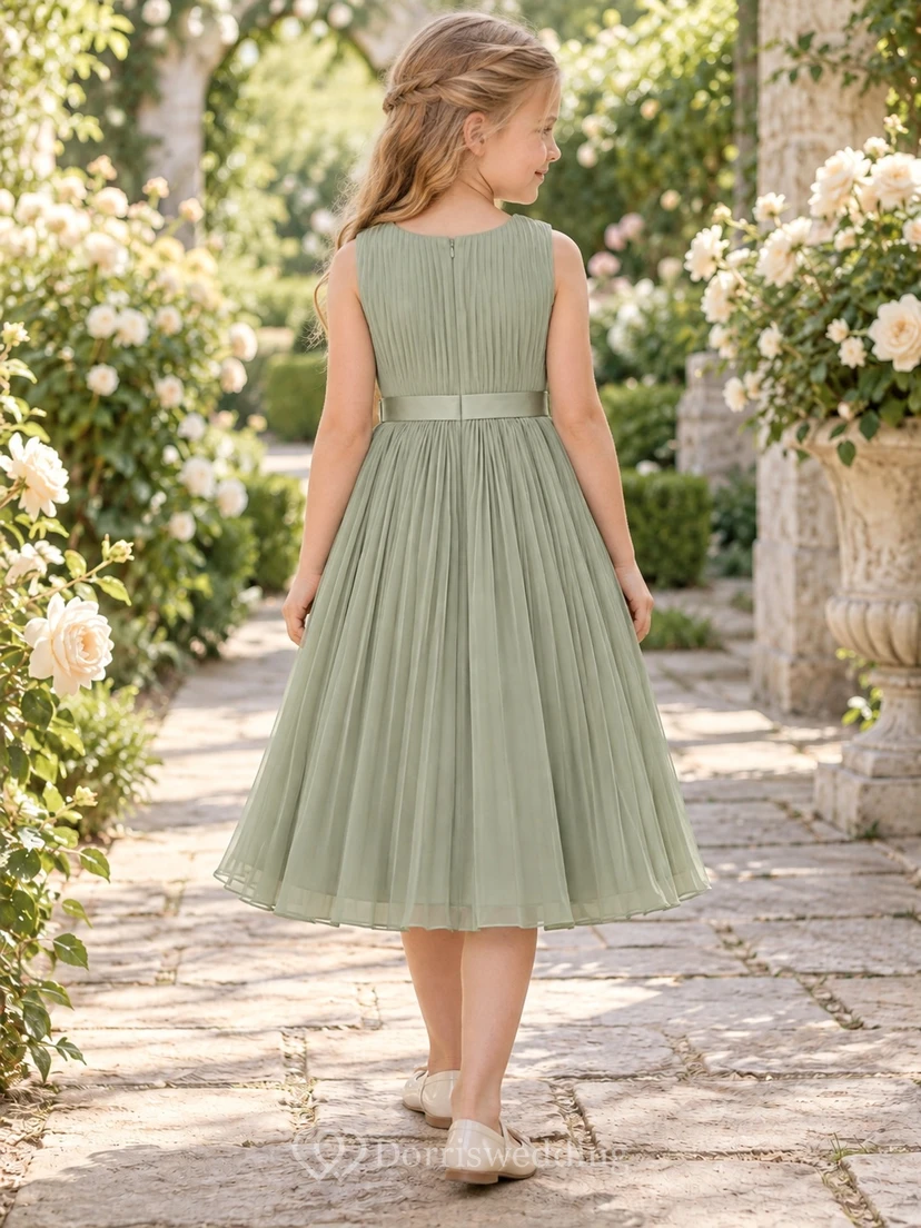Tea-length Sage Sleeveless Jewel Neck Pleated Bow Chiffon Flower Girl Dress view 2