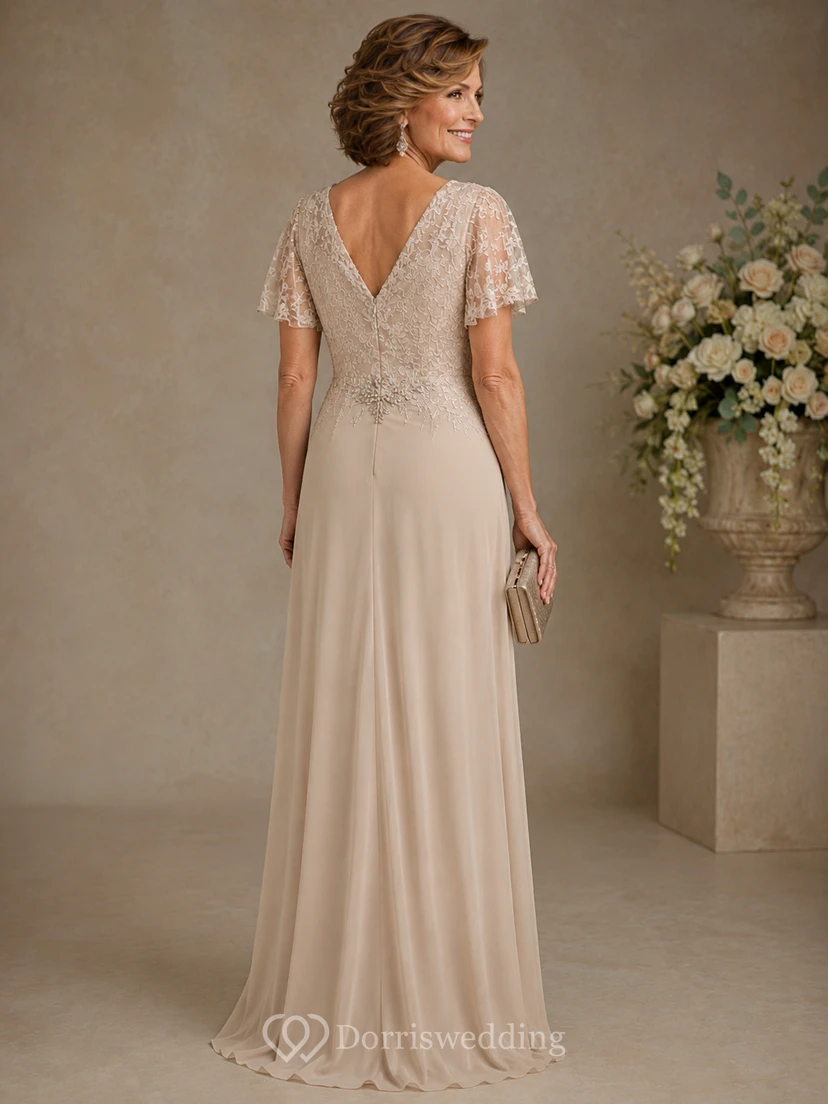 Sheath V-Neck Short Sleeve Chiffon Mother Dress with Lace view 2