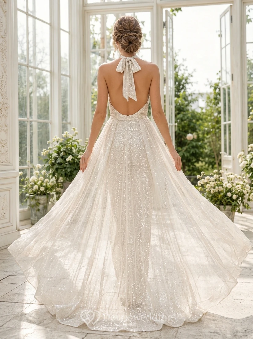 Combinaison de mariée ivoire à sequins et dos nu avec surjupe en tulle view 2