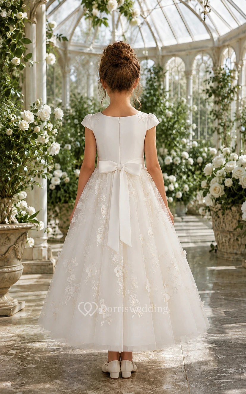 Vestido sencillo de tul con mangas cortas para niña de las flores y apliques de encaje. view 2