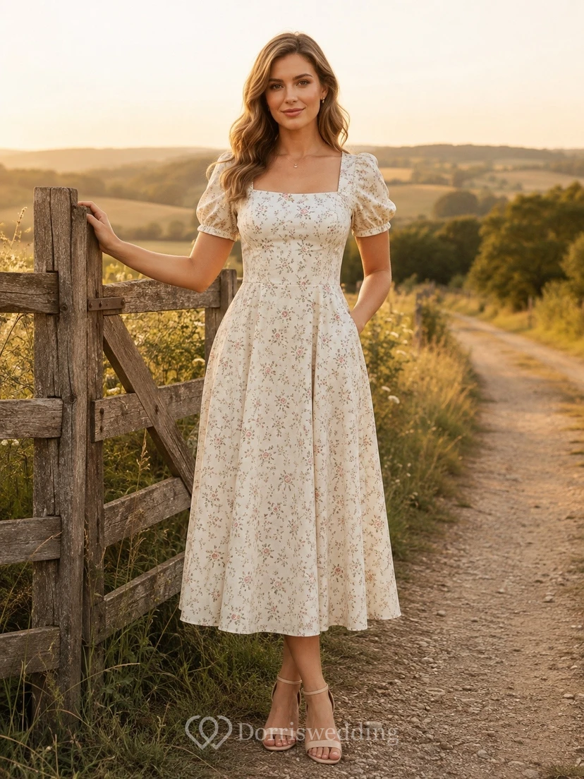 Vestido blanco de encaje floral con cuello cuadrado y manga corta hasta la rodilla