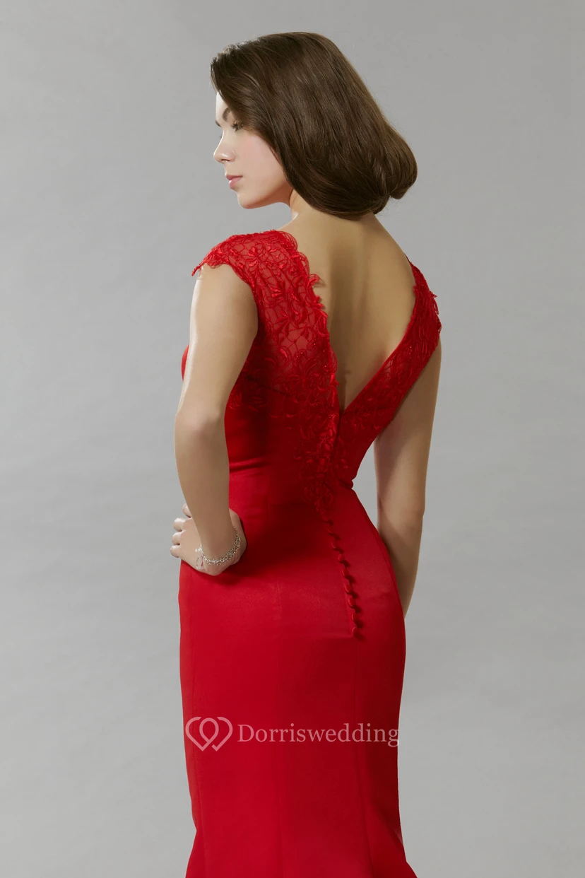 Mermaid Cap-Sleeve Lace Scoop Maxi Satin Prom Dress With Low-V Back And Sweep Train view 4