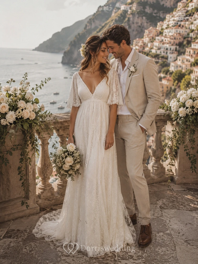Half-sleeve V-neck Lace Boho Country Empire Wedding Dress