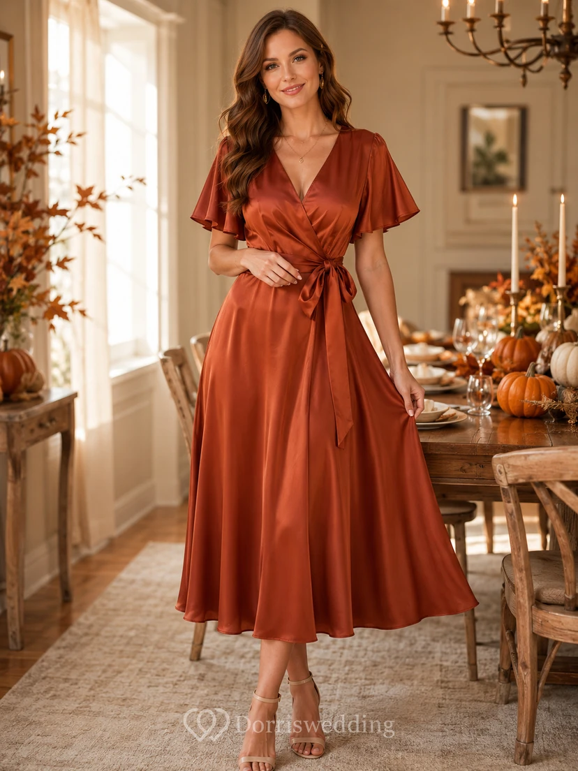 Rust Flutter Sleeve Satin Wrap Midi Thanksgiving Dinner Dress