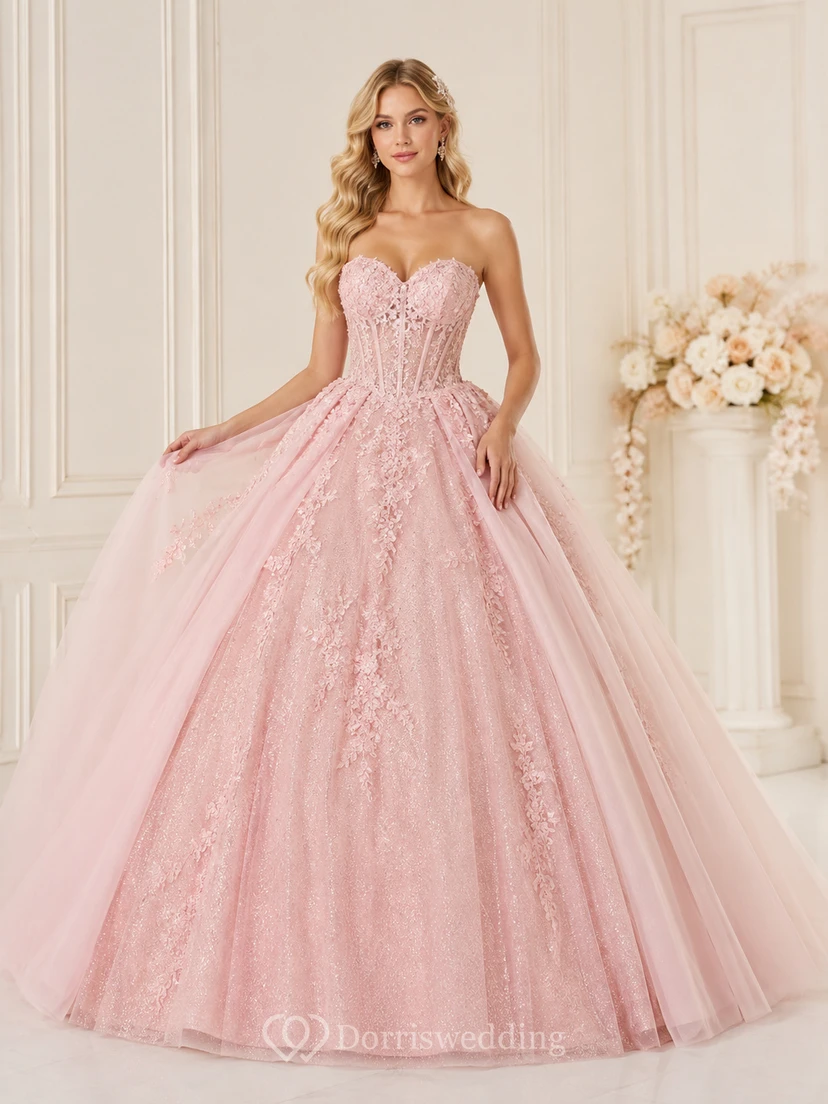 Vestido de princesa de quinceañera sin tirantes, de lujo, color rosa rubor, con sobrefalda de tul desmontable y brillo.