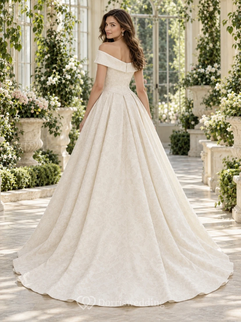 Schulterfreies Brautkleid mit Porträtkragen, Jacquard-Ballkleid und Taschen view 2