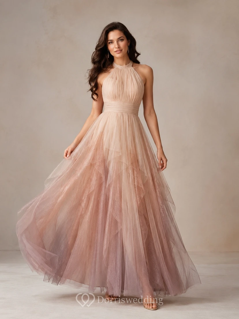Blush Mauve Gradient Strapless Tulle Ruffled Evening Gown
