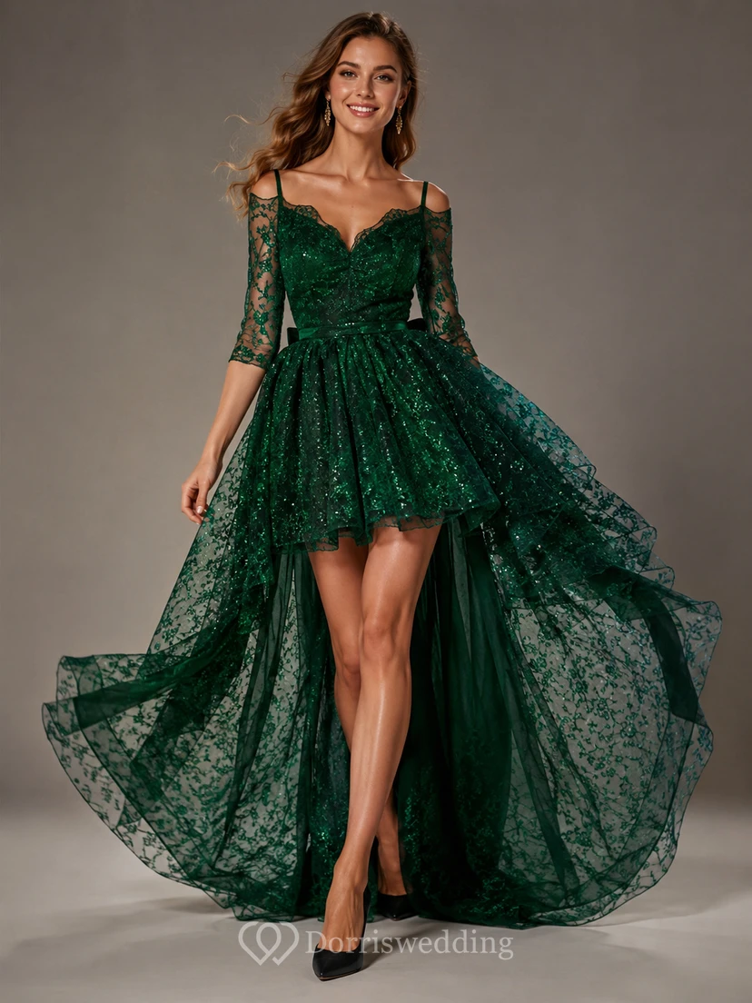 A-Line Lace Off-the-shoulder 3 4 Length Sleeve Zipper Low-V Back Dress view 3
