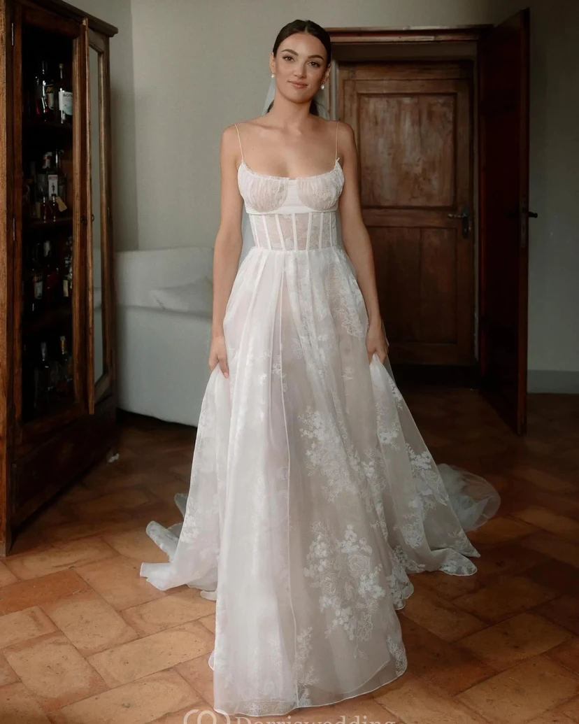 Modern Corset-Style A-Line Wedding Dress with Lace Overlay view 5