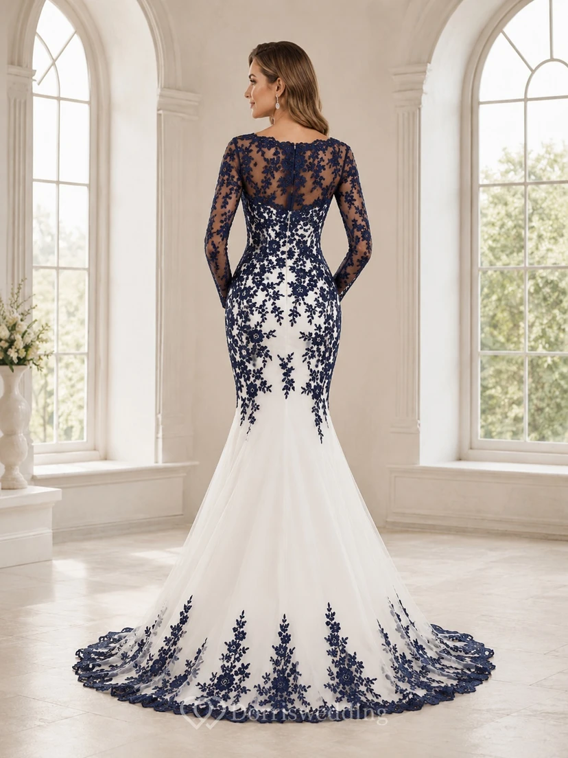 Marineblaues, geblümtes Meerjungfrauen-Brautkleid mit eckigem Ausschnitt, langen Ärmeln und Spitze aus Tüll view 2