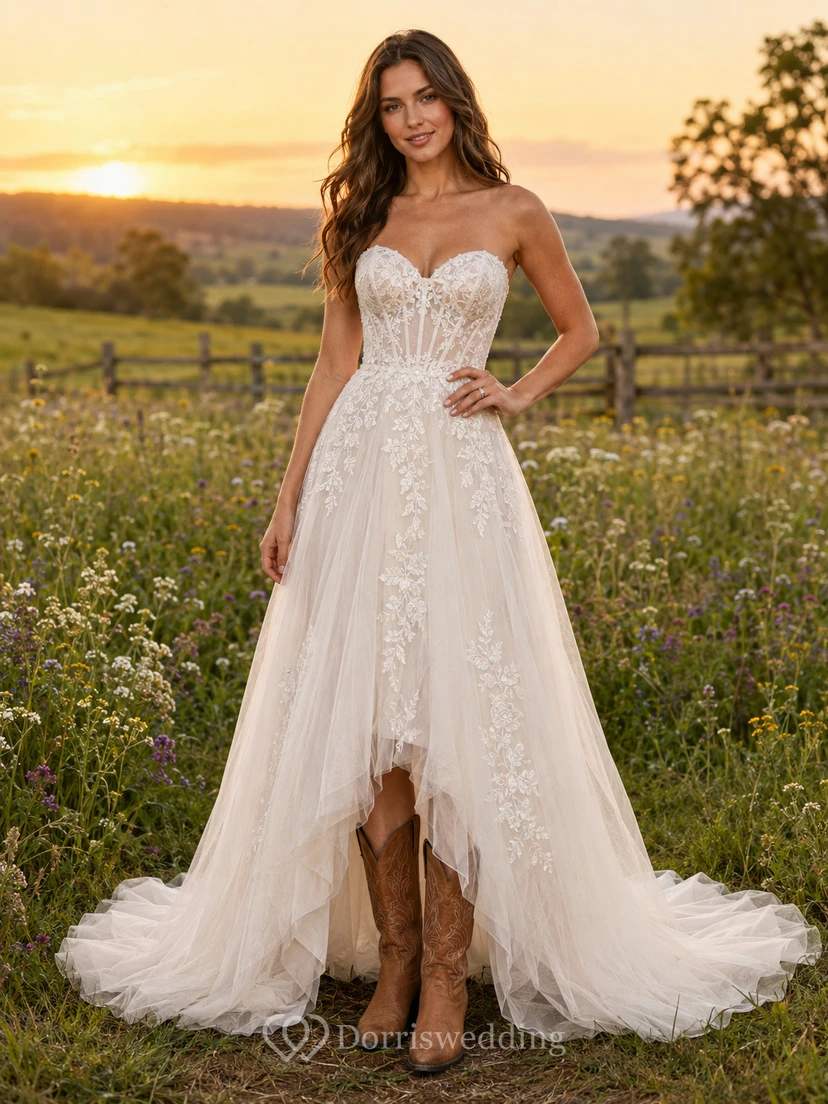 Sweetheart Country A-Line Wedding Dress with Lace Bodice and High-Low Skirt Romantic Bohemian Tulle