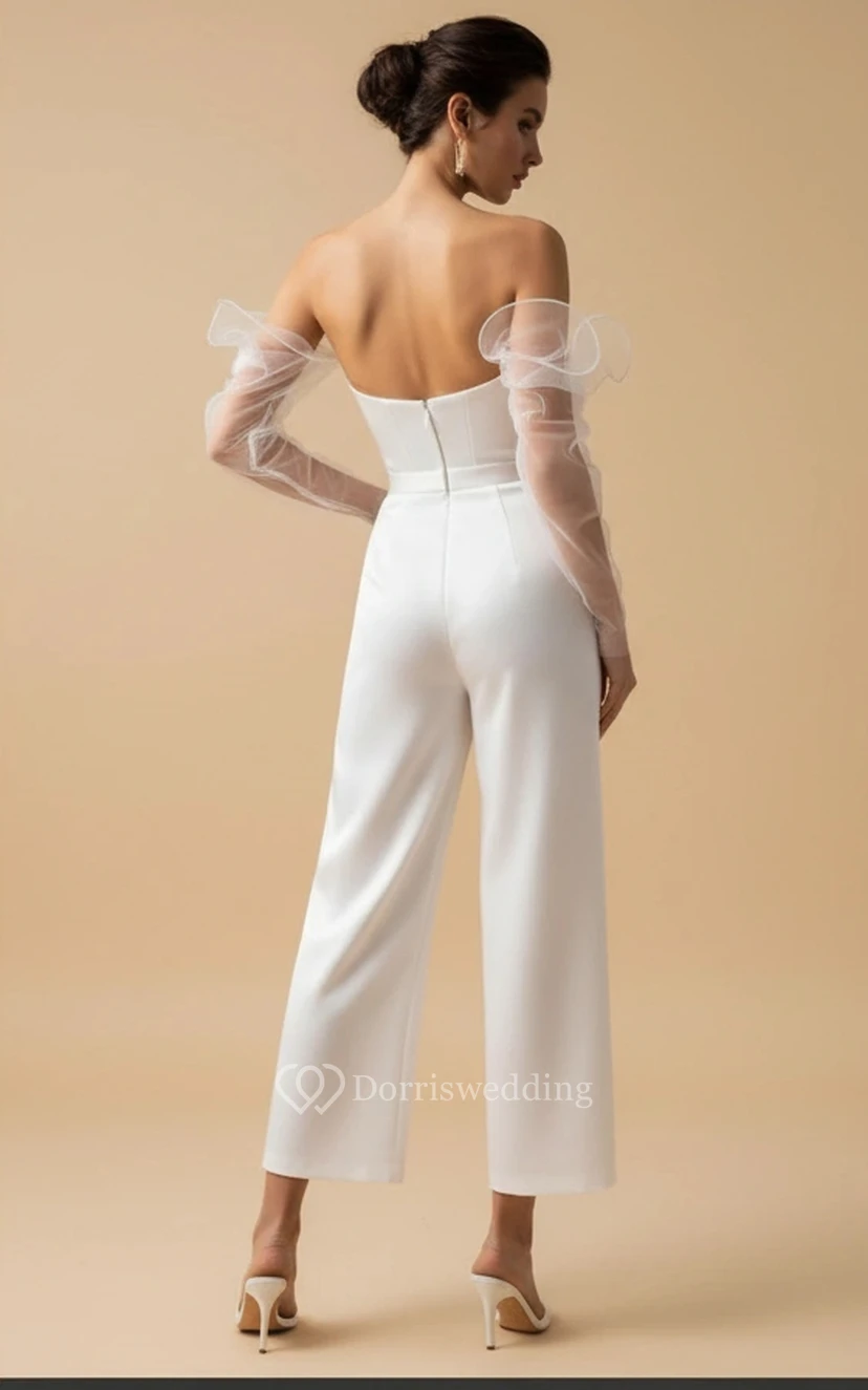 Combinaison de mariage à col cœur, manches transparentes et jambes larges view 2