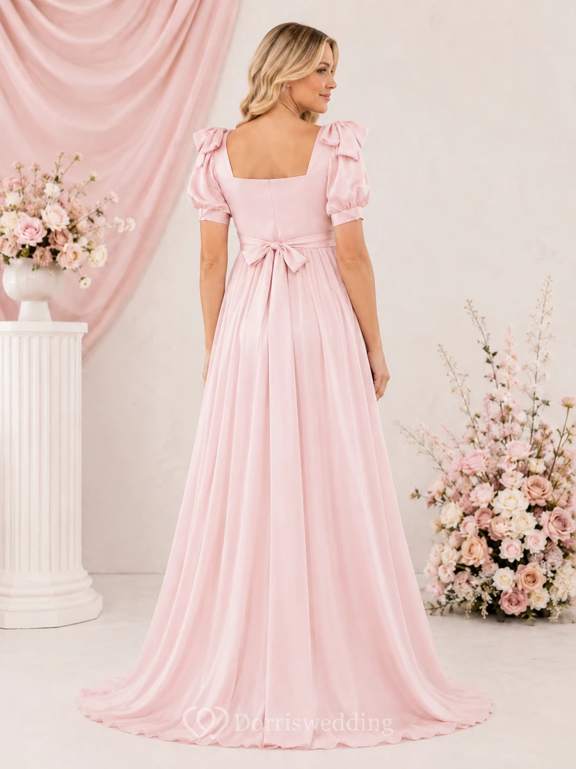 Rosa Umstandskleid aus Satin mit eckigem Ausschnitt, Puffärmeln, Schleife, A-Linie und Schleppe view 2