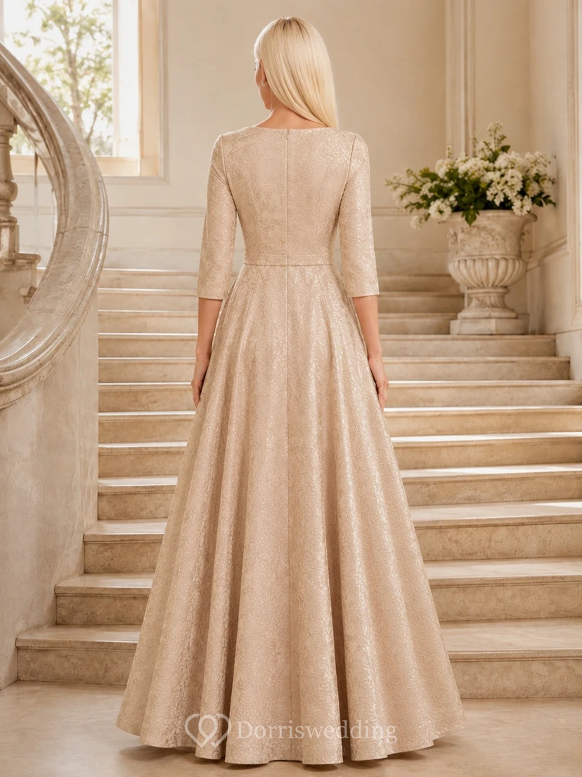 Champagne Textured Boat Neck Long Sleeve A-Line Floor-length Formal Dress view 2