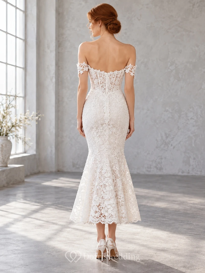 Boho Off Shoulder Crochet Lace Ankle-length Mermaid Bridal Wedding Dress view 2