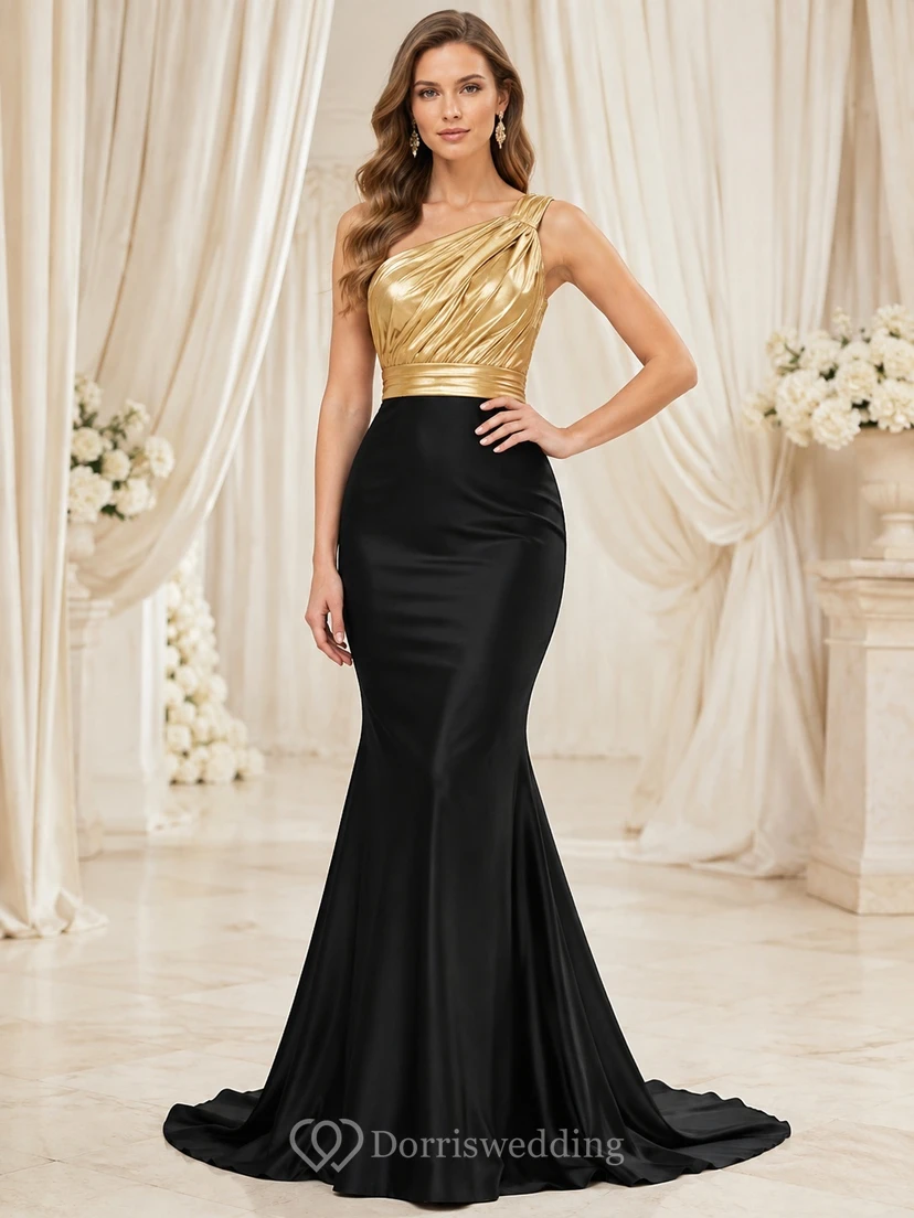 Black Gold One Shoulder Two Piece Satin Floor Length Evening Gown